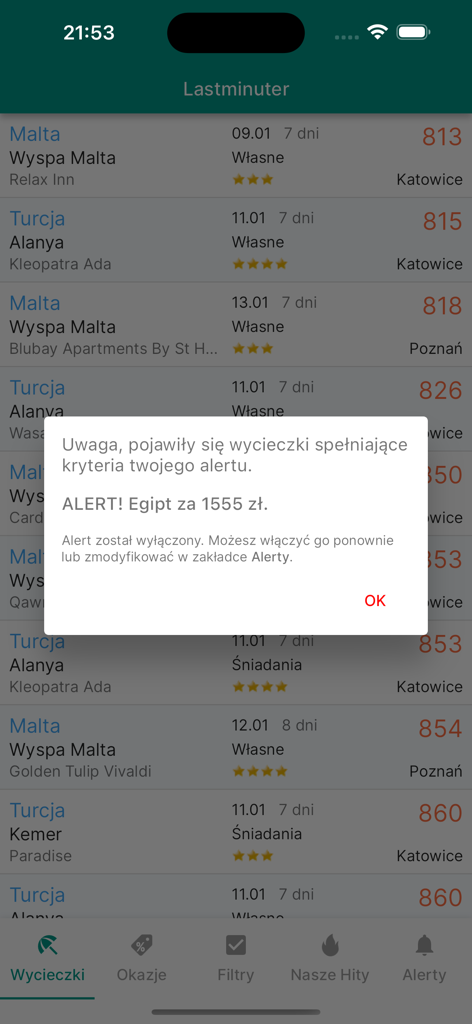 Mobile app interface showing last-minute travel deals to Malta and Turkey with a price alert notification for Egypt.