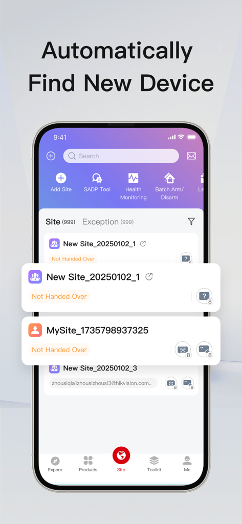 Hik-Partner Pro app screen showing automated device discovery and site list for security installers