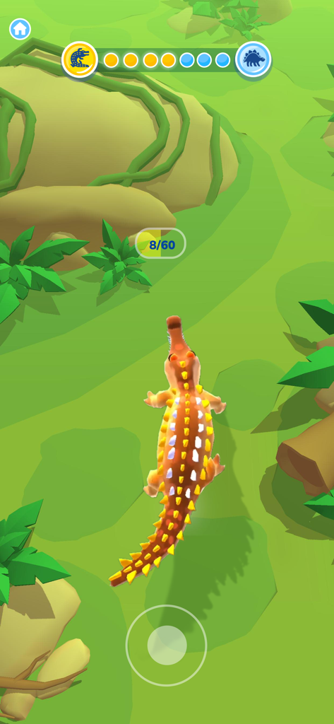 Evolution Merge - Eat and Grow - Una colorida criatura cocodrilo navegando por un entorno selvático en el juego móvil Evolution Merge.