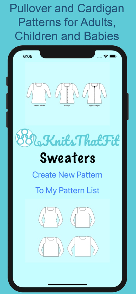KnitsThatFit Sweaters - 성인 및 어린이를 위한 맞춤형 뜨개질 패턴 옵션이 포함된 KnitsThatFit Sweaters 앱의 메인 메뉴