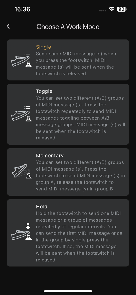 Pulze Control - Pulze Control app interface showing MIDI work mode options including Single Toggle Momentary and Hold