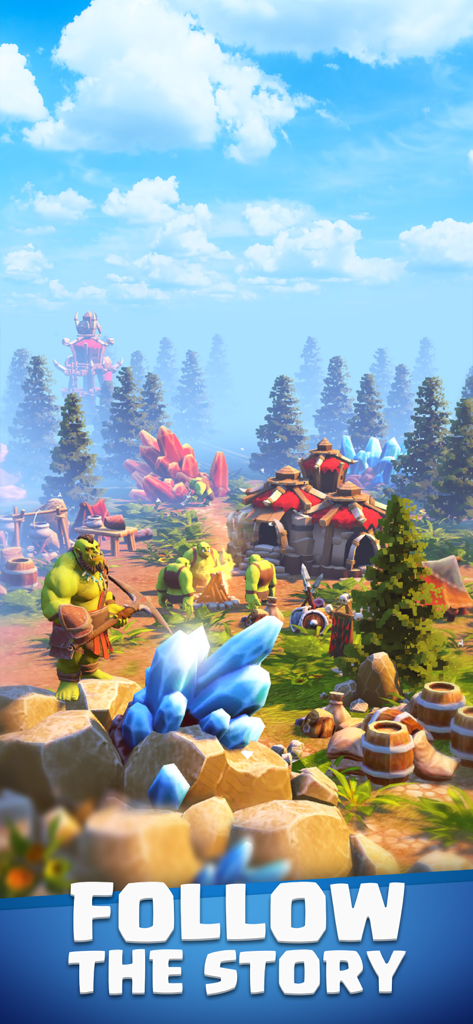 Orecraft: Mining Camp - Orc miner with a pickaxe in a fantasy camp with crystals and story text