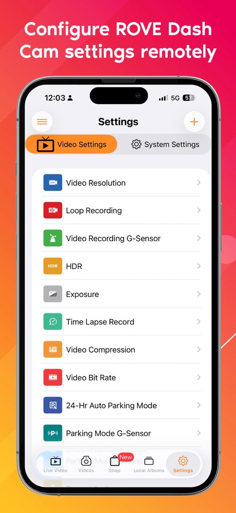 Rove Dash Cam - Smartphone screen displaying Rove Dash Cam remote settings including video resolution and parking mode