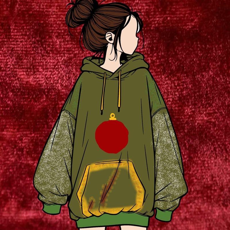 realistic girl with a oversized sweatshirt on and a bun