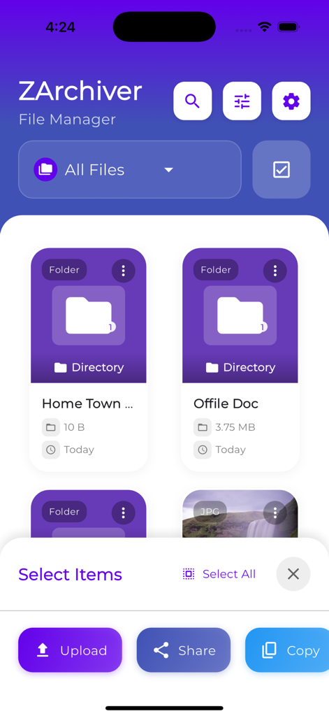 ZArchiver File Manager - Interface of ZArchiver File Manager app showing folders and a file selection menu with upload share and copy options