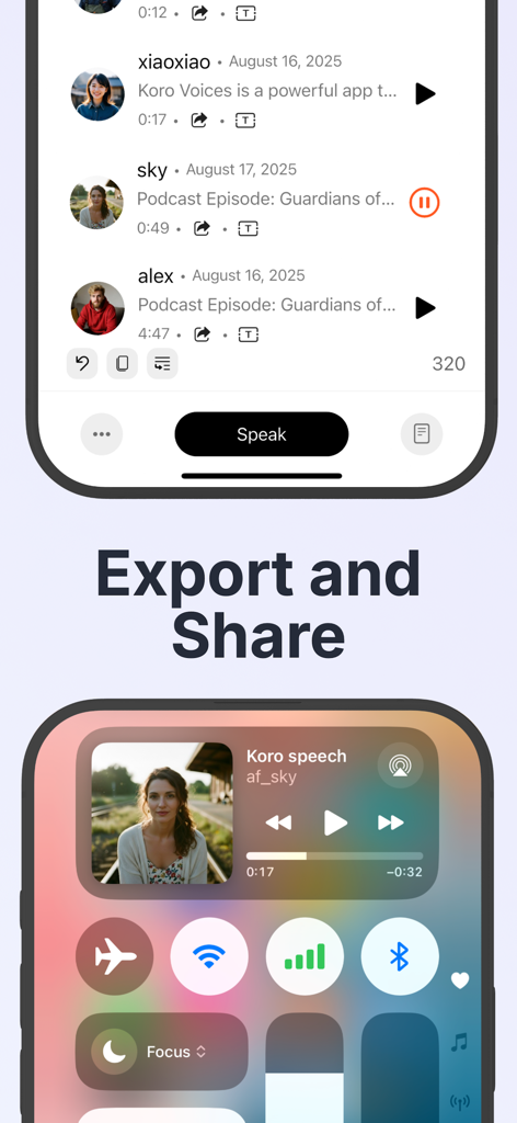 Koro Voices: Text to speech - Interfaz de la aplicación Koro Voices que muestra opciones para exportar y compartir archivos de audio de texto a voz y controles de reproducción en un dispositivo móvil
