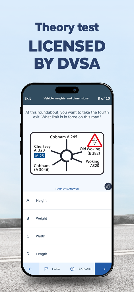 LGV & HGV Theory Test Kit 2026 - LGV and HGV Theory Test app interface showing a multiple choice question about road signs and vehicle dimensions