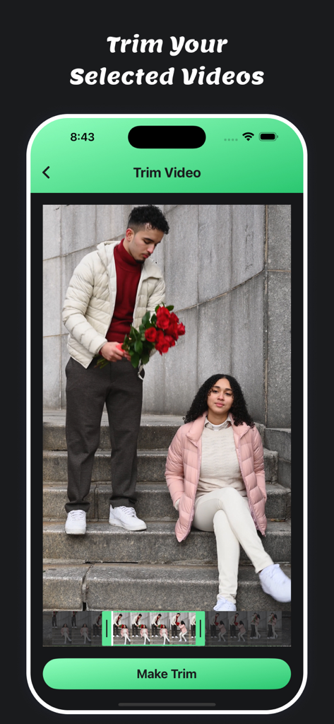 Mute Video : Remove Sounds - Ein Screenshot der Mute Video App, der das Videoschneide-Tool mit einem Paar auf einer Treppe zeigt