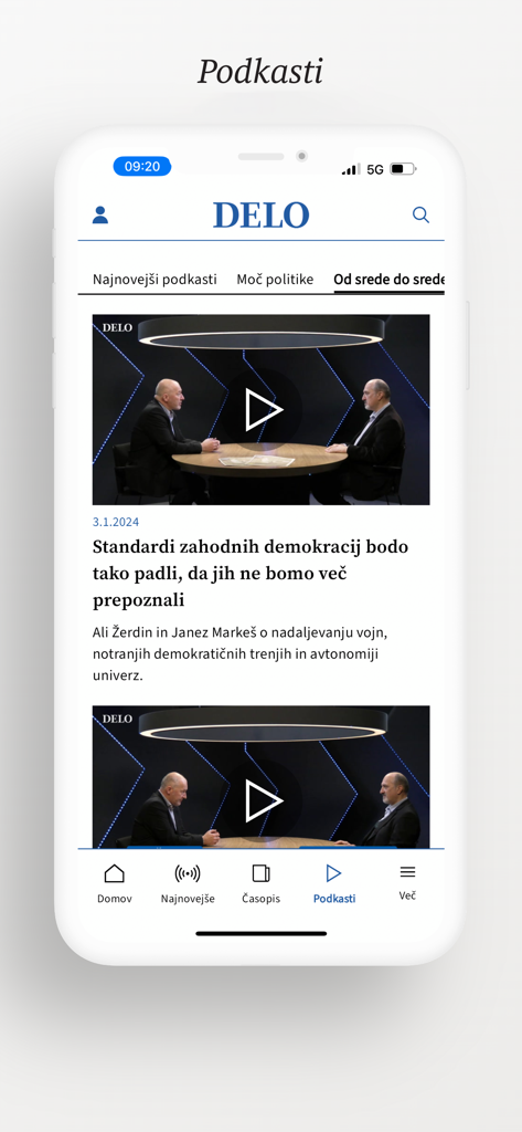Sección de podcasts de la aplicación móvil Delo con entrevistas de noticias en vídeo en esloveno