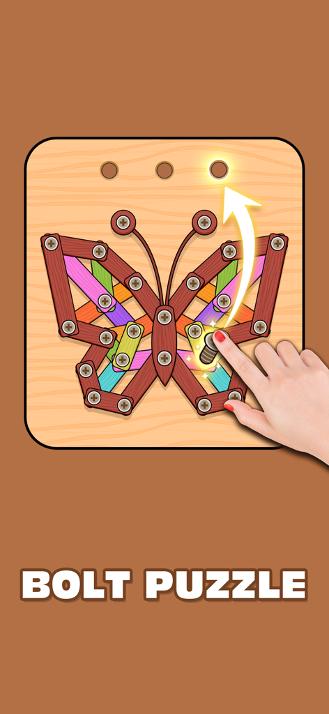 Una mano desenroscando un tornillo de un puzzle de madera con forma de mariposa en un juego móvil