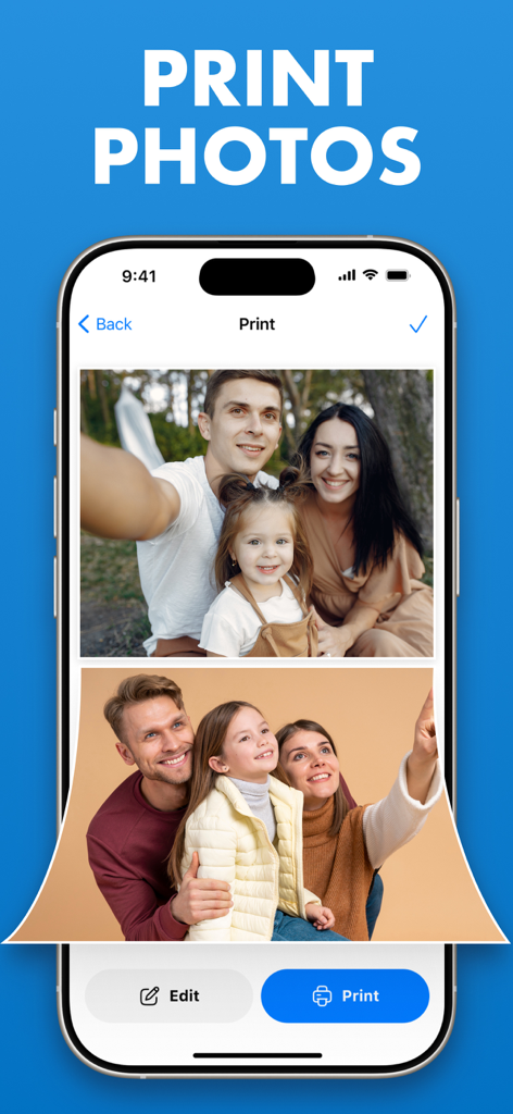 Interfaz de smartphone de la app HP Smart Printer mostrando fotos familiares seleccionadas para impresión inalámbrica.