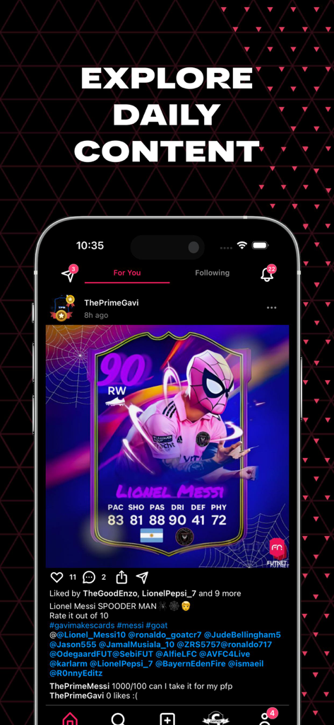 Futnet - FC 25 Cards & Squads - Feed social de la app Futnet mostrando una carta personalizada de Lionel Messi con temática de Spiderman.