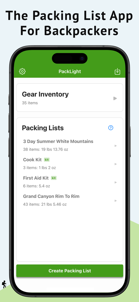 Interface of PackLight for Backpacking app displaying packing lists for different trips and gear inventory.