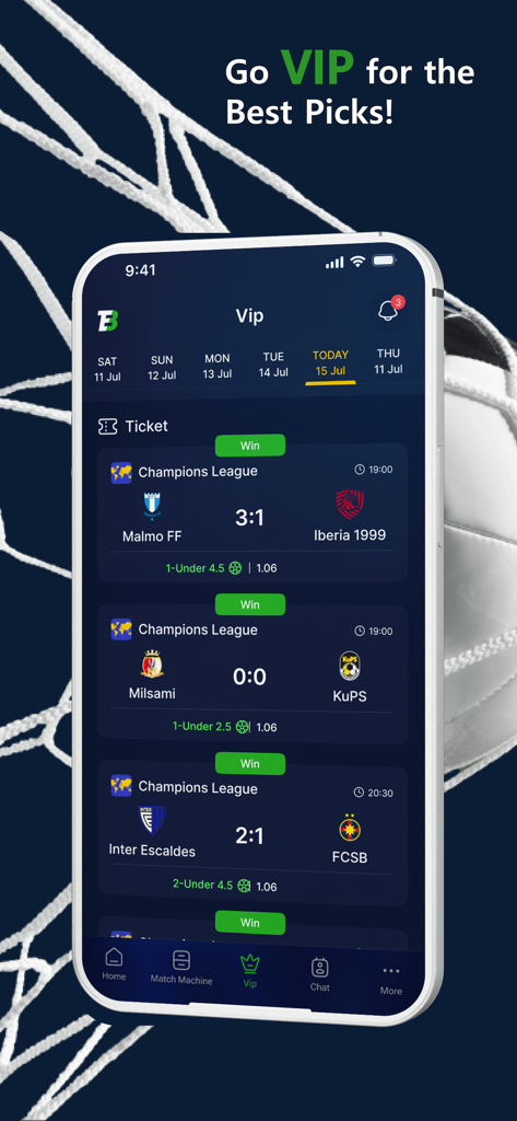 Enki's Football Stats - Sección VIP de la aplicación Estadísticas de Fútbol de Enki mostrando resultados y selecciones de partidos de la Champions League