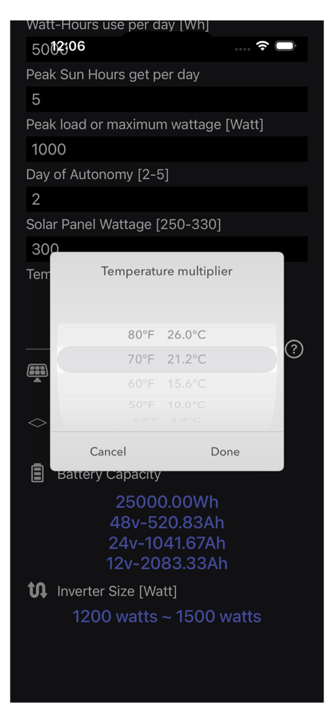 Solar Panel Calculator Plus - Oberfläche der Solarrechner Plus App, die Berechnungen für netzunabhängige Solarsysteme und eine Auswahl des Temperaturmultiplikators anzeigt.