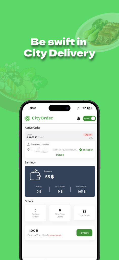CityOrder: Rider - CityOrder Rider app dashboard showing active delivery orders, earnings balance, and order statistics.