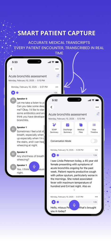 OrbVoice: Medical AI Scribe - Interfaz de la aplicación móvil OrbVoice que muestra transcripción médica en tiempo real y documentación clínica generada por IA.