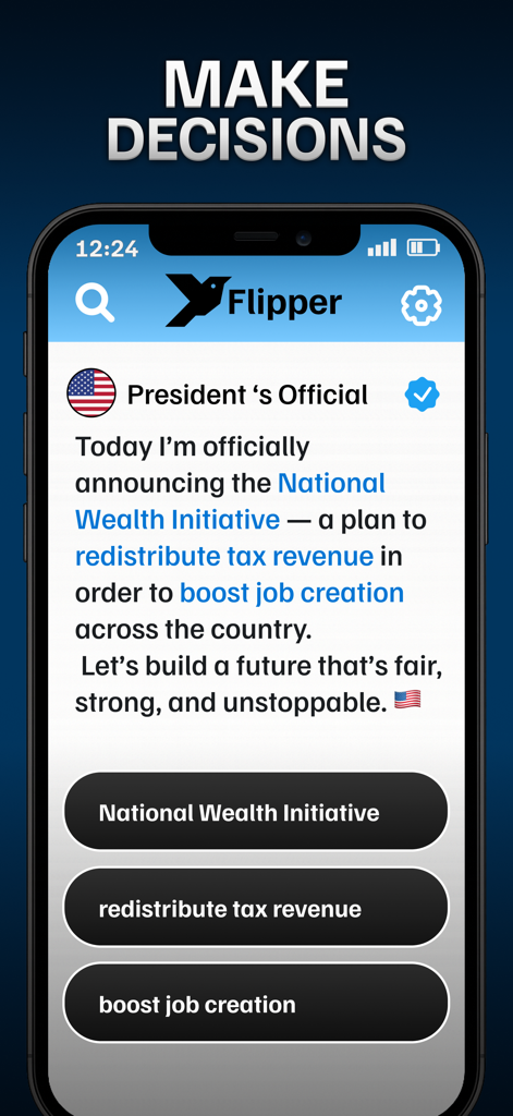 President: Simulator Game - Una pantalla de juego móvil que muestra una interfaz de redes sociales donde el jugador toma decisiones presidenciales basadas en un anuncio de política.