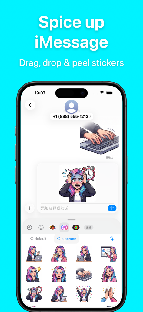 AI Emojis: New X Moji Creator - Tela do smartphone mostrando adesivos de personagens de IA sendo usados em uma conversa do iMessage