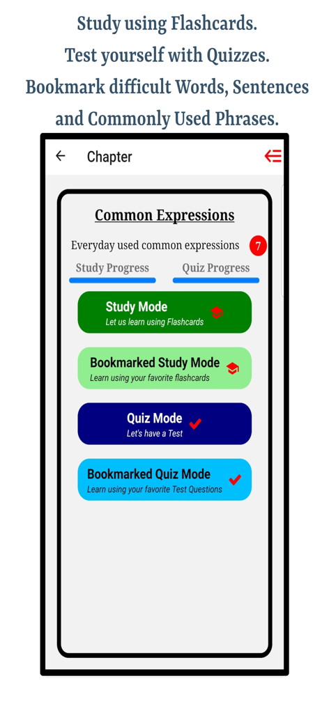 Interfaz de la aplicación Learn Georgian mostrando el capítulo de expresiones comunes con modos de estudio y cuestionario.