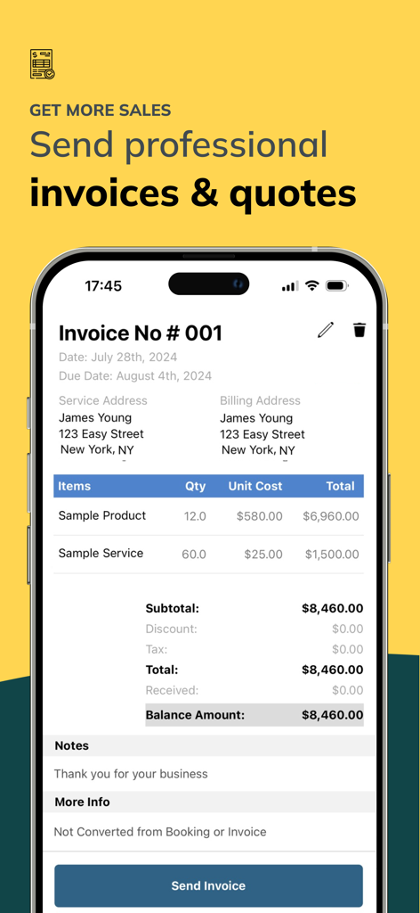 BestMate - Small Business App - Mobile app screen displaying a professional digital invoice with billing details and totals for a small business.