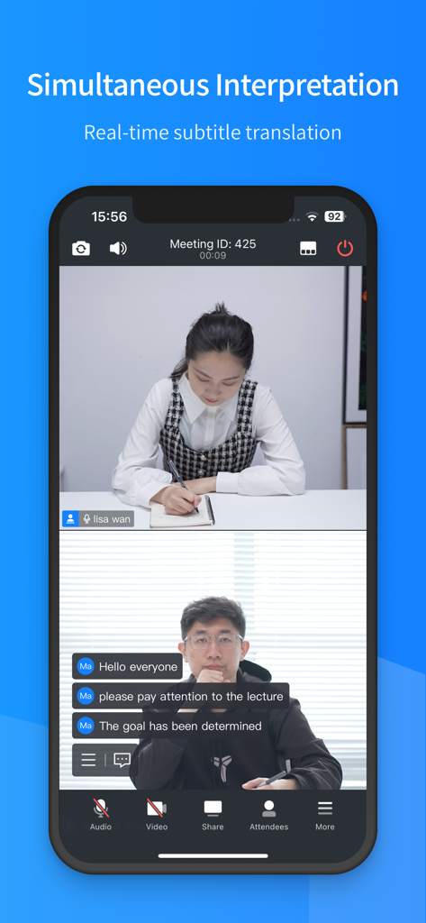 聚连会议 - JuLinker-Videokonferenz-Oberfläche zeigt Echtzeit-Untertitelübersetzung und simultane Übersetzung während eines Anrufs zwischen zwei Personen.