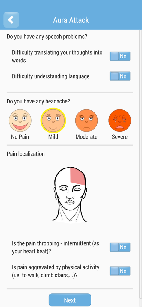 片頭痛オーラアプリのインターフェース。頭痛の強度レベルや痛みの局在図を含む症状追跡が表示されています。
