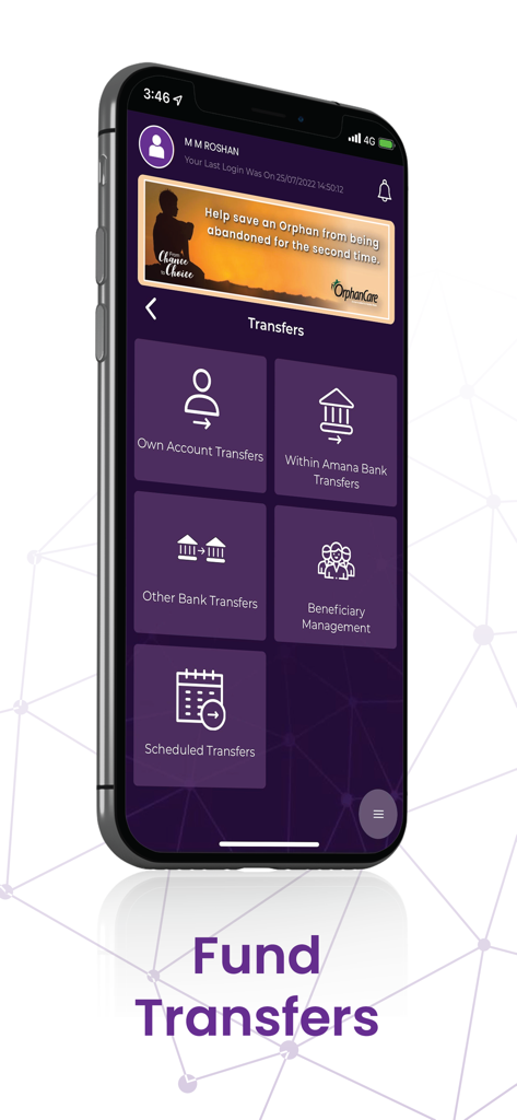 Amãna Bank - Amana Bank mobile app Fund Transfers screen showing internal, external, and scheduled transfer options