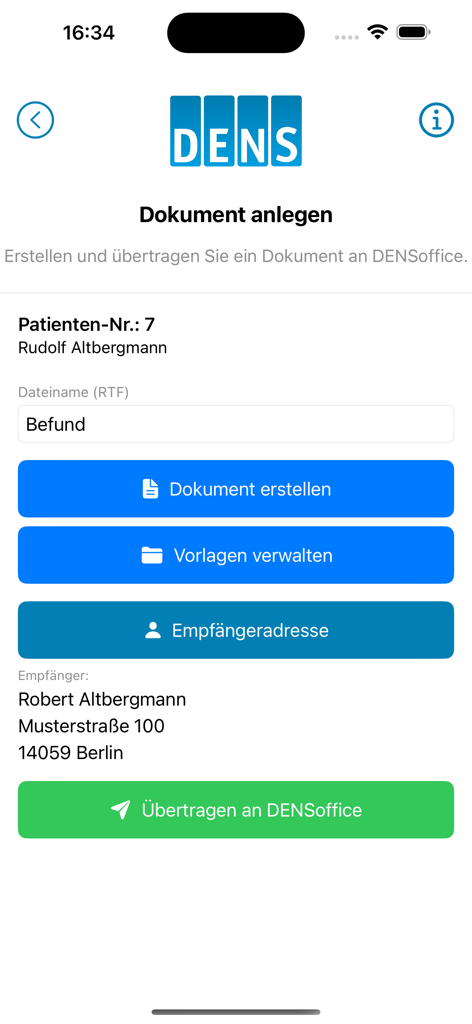 Mobile App-Oberfläche zur Erstellung und Synchronisierung von zahnärztlichen Patientendokumenten mit der DENSoffice-Software
