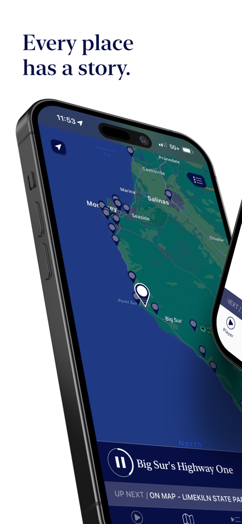 Autio: Road Trip & Travel App - Smartphone screen showing the Autio app map with audio story markers along the Big Sur coastline.