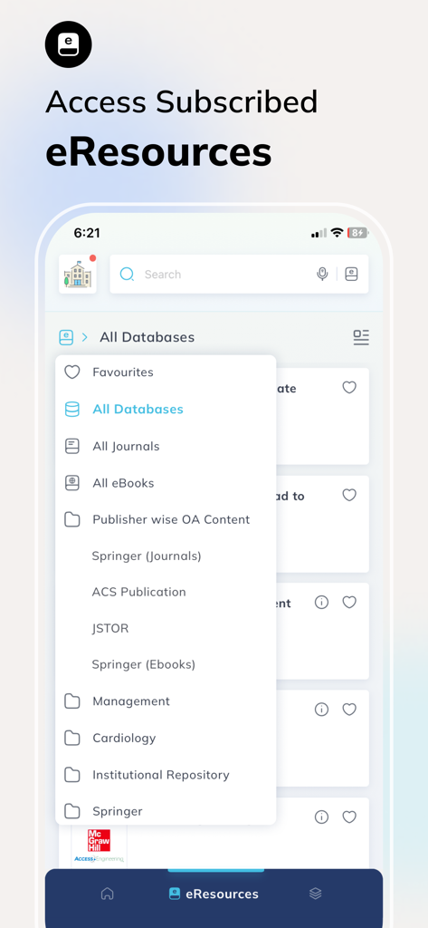 Interfaccia dell'app MyLOFT che mostra un elenco di database bibliotecari e riviste accademiche sottoscritti