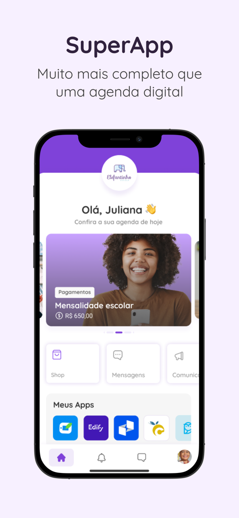 Agenda Edu SuperApp - Agenda Edu SuperApp dashboard showing school tuition payments and message options