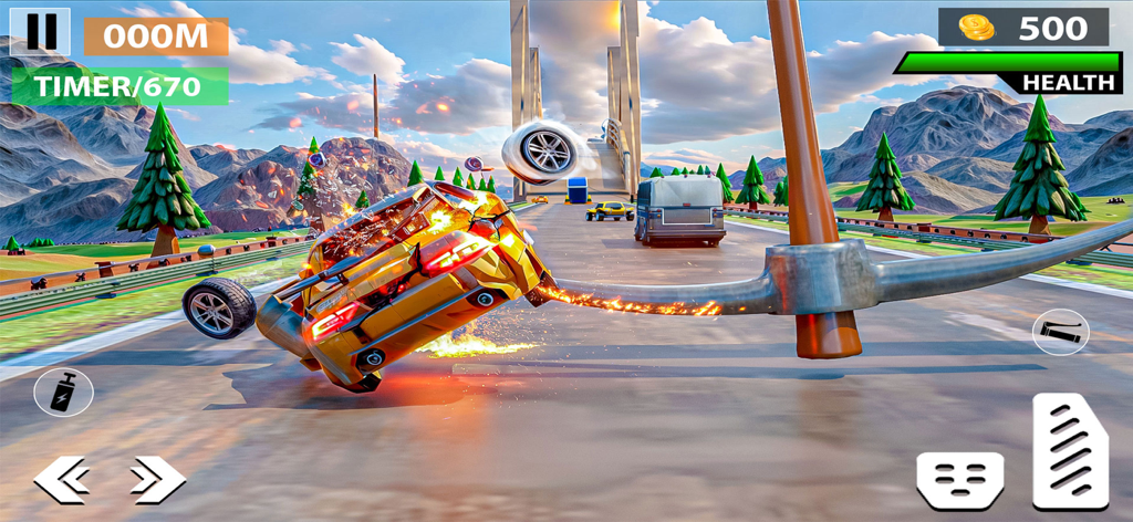 Car Crash Destruction Derby 2 - A yellow car crashing into a giant swinging obstacle in a stunt arena
