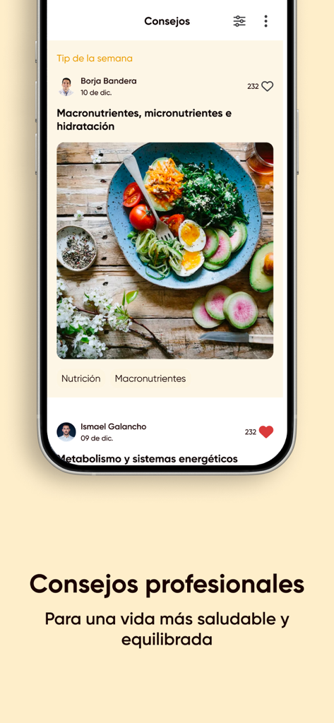 Spotieat - Interfaz de la aplicación Spotieat que muestra consejos profesionales de nutrición y consejos de salud con una foto de una comida saludable.
