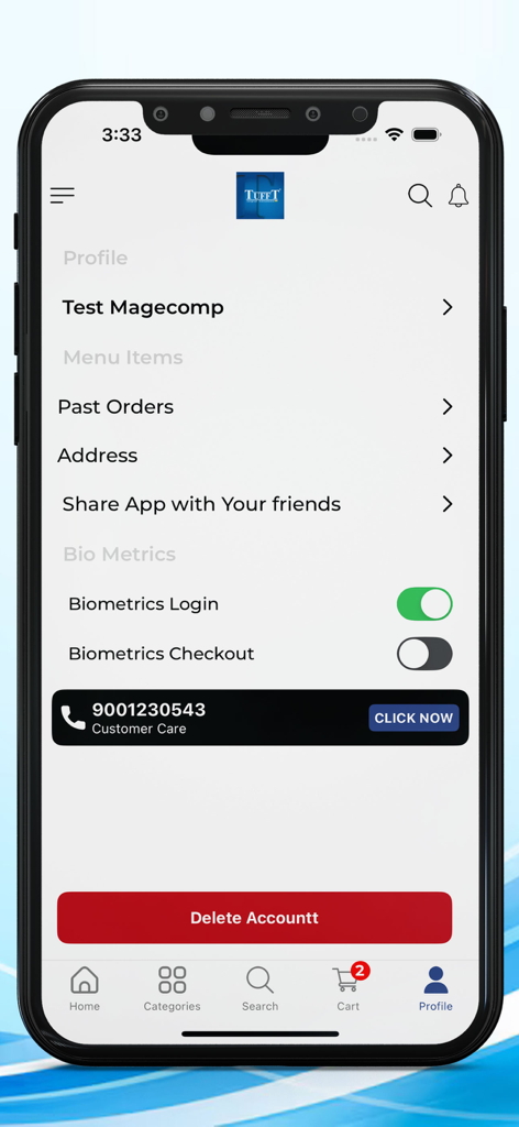 Tufft Surgical Instruments - Profile settings page of the Tufft Surgical Instruments app showing account menu, biometrics options, and customer support contact information.