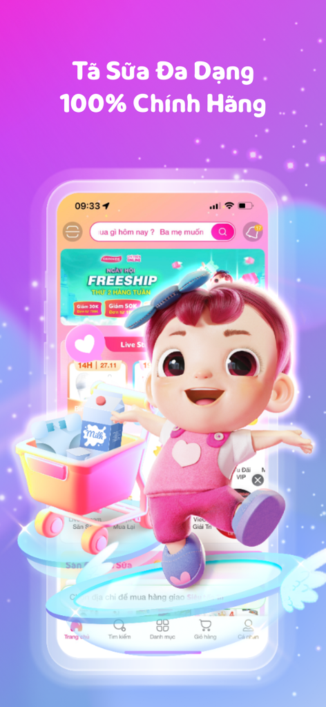 Con Cung app screen showing a cartoon baby girl and a shopping cart with milk and diapers
