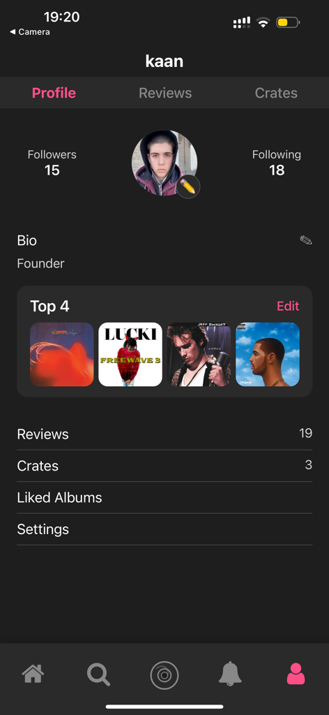 Crate app user profile screen displaying top four favorite albums and follower counts