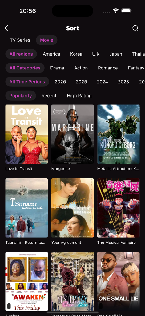 Pantalla de clasificación y descubrimiento de películas en la aplicación HiTV que muestra varios títulos de películas y filtros de género