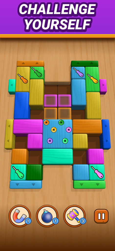Brick Escape: Block Puzzle - A challenging logic level in the Brick Escape game featuring colorful wooden blocks and strategy tools