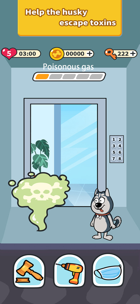 Husky Mind - Screenshot del gioco mobile Husky Mind che mostra un puzzle per aiutare un cane a sfuggire a un gas velenoso in un ascensore