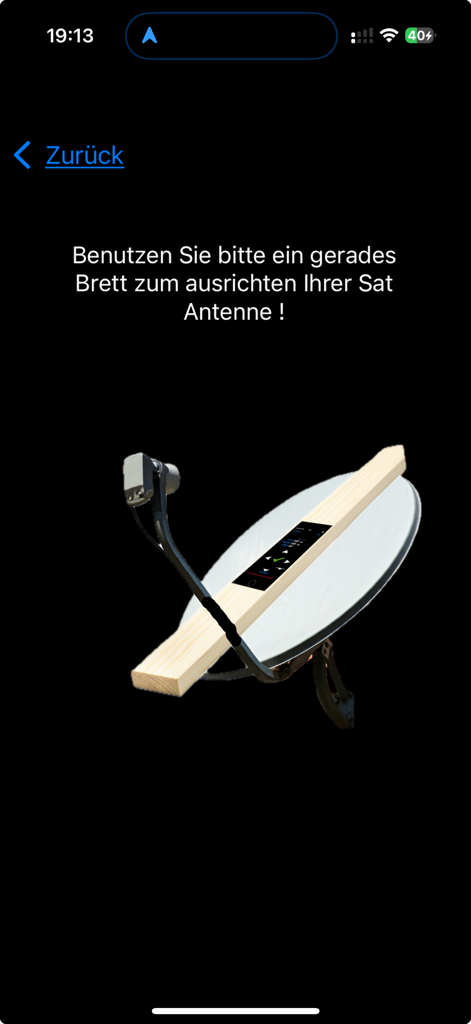 SatFinder GPS EU - An illustration showing how to use a wooden board and an iPhone to align a satellite dish correctly