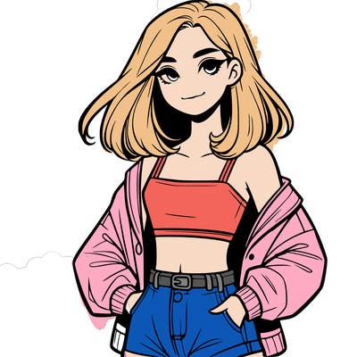 a realistic girl with a crop top and short shorts in an open jacket