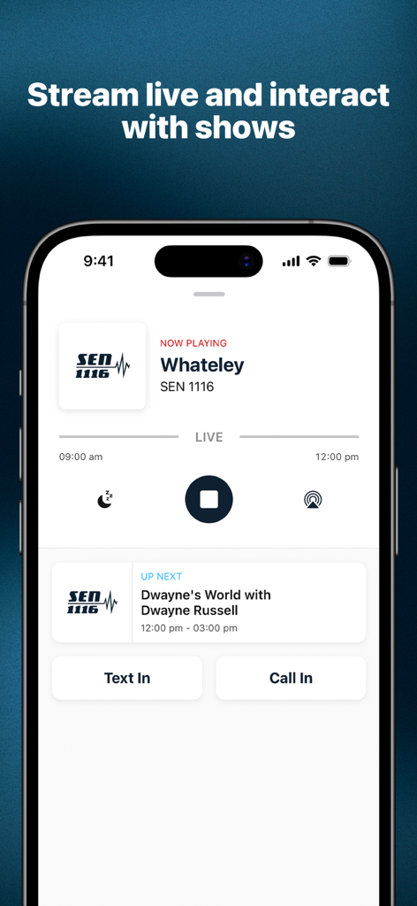 SEN Radio - A screenshot of the SEN Radio app live streaming a sports talk show called Whateley with interactive text and call in buttons