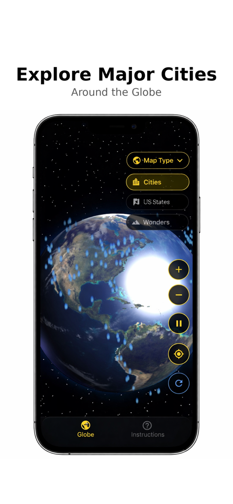 TrueGlobe - Una interfaz de globo terráqueo interactivo 3D en la aplicación TrueGlobe que muestra marcadores de ciudades importantes y controles de navegación.