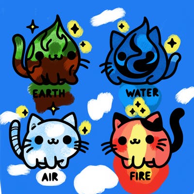 4 cats that represent the different elements, earth, water, air, and fire