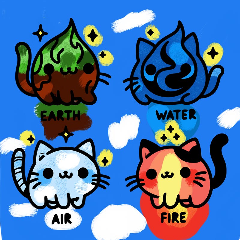 4 cats that represent the different elements, earth, water, air, and fire