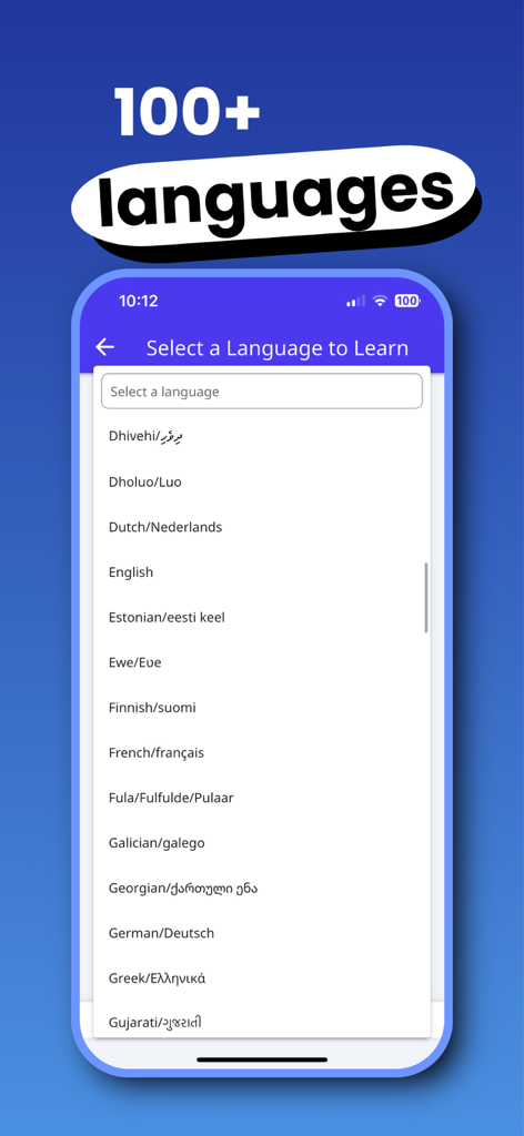 World Schoolbooks Languages - World Schoolbooks app interface showing a list of over 100 languages to learn including rare and regional options