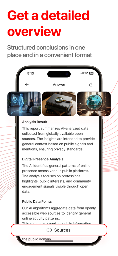 CheaterBuster AI - Deep Search - Interfaz de la aplicación móvil que muestra un informe estructurado de IA con análisis de presencia digital y fuentes verificadas.