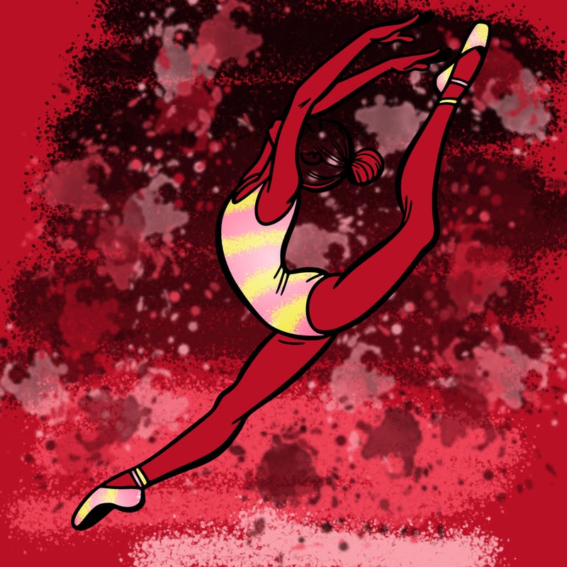 gymnast doing a leap in a leotard with a bent back leg