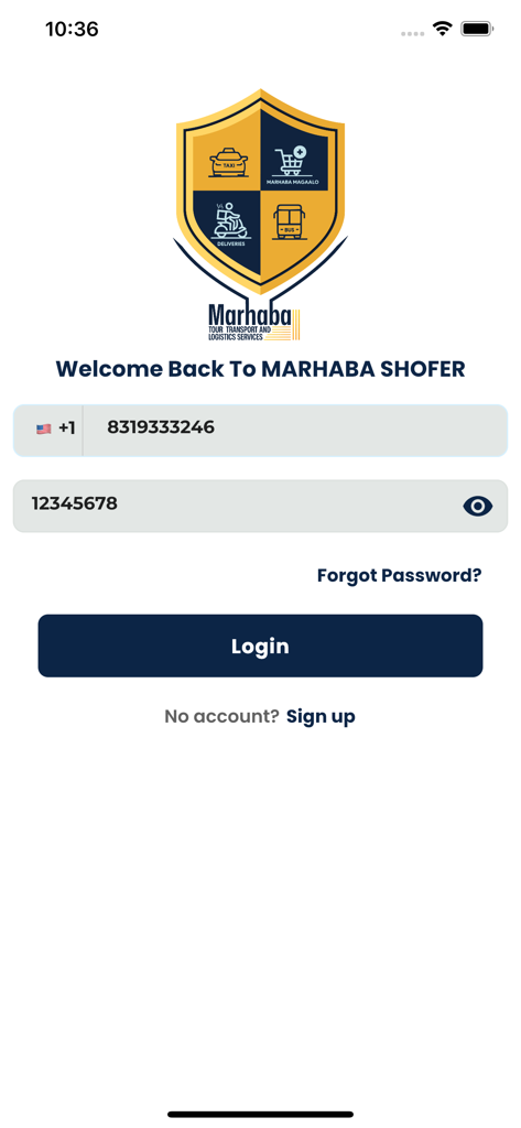 MARHABA SHOFER - Login screen for the MARHABA SHOFER driver application